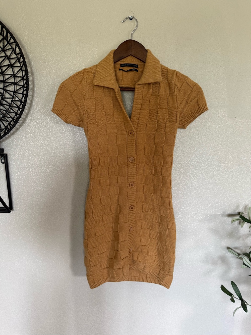 Urban Outfitters Camel Knit Button-Front Short Sleeve Dress